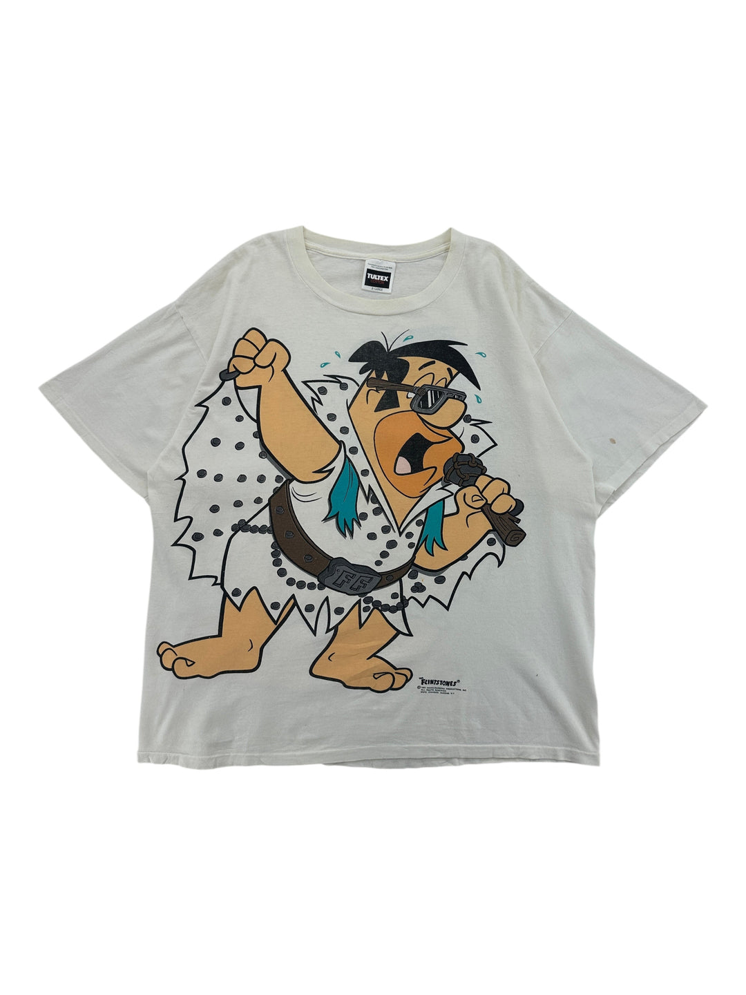Exile Vintage 1990s white Flintstones Bedrock Rock & Roll Elvis graphic T-shirt featuring Fred Flintstone