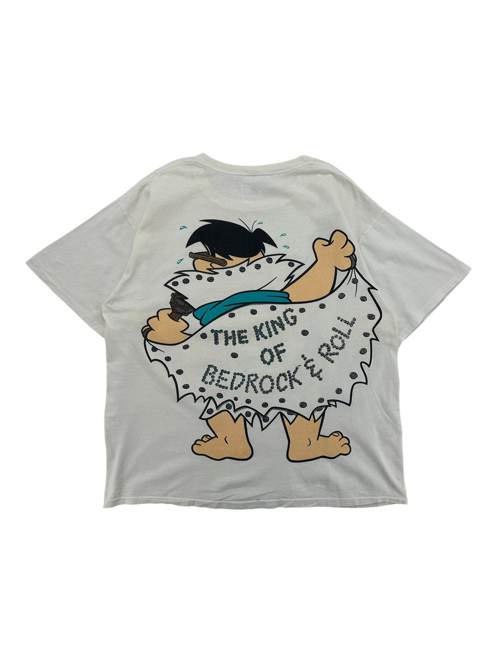Exile Vintage white 1990s Flintstones Rock and Roll Elvis graphic t-shirt featuring Fred Flintstone back print
