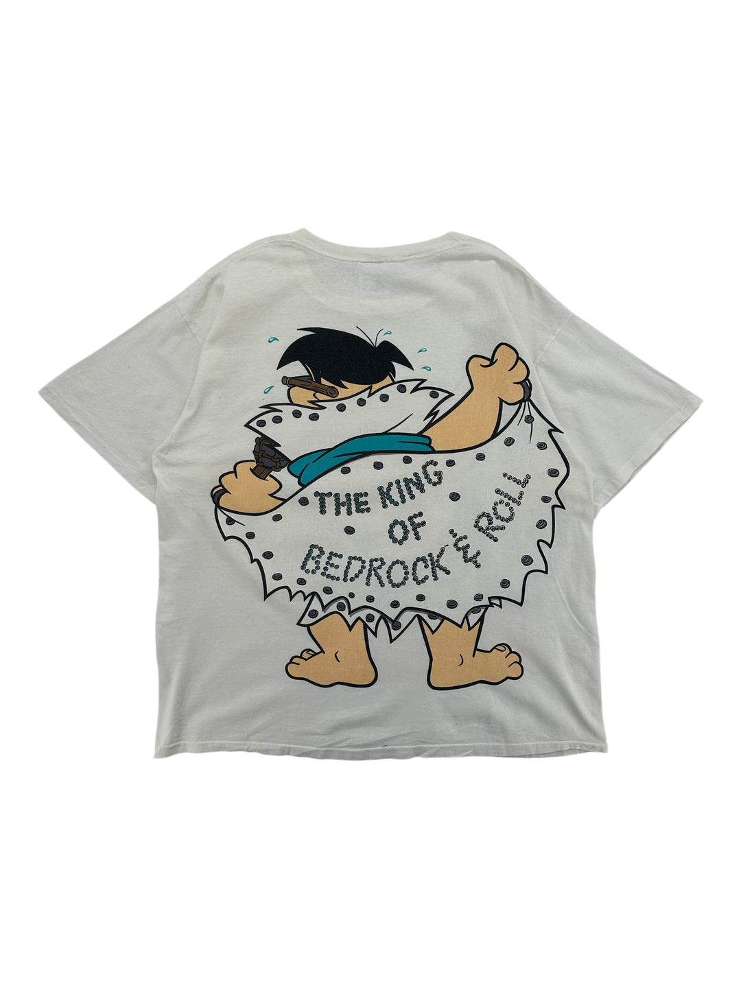 Exile Vintage white 1990s Flintstones Rock and Roll Elvis graphic t-shirt featuring Fred Flintstone back print