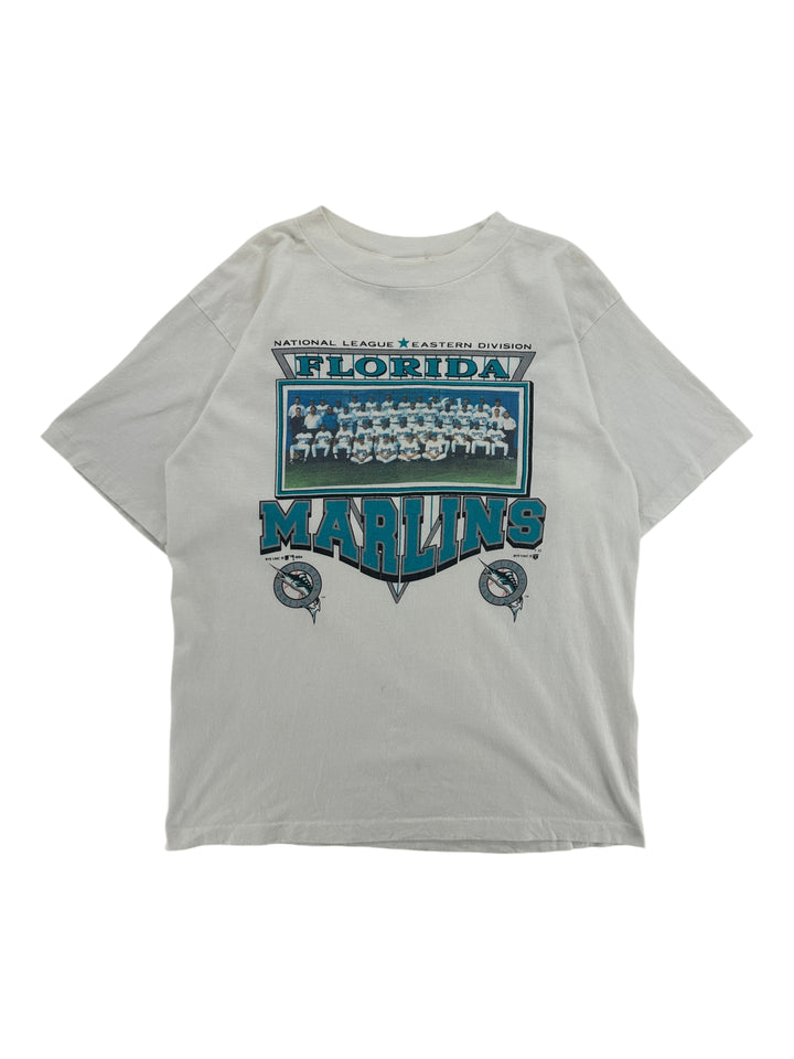 Exile Vintage 1990s Florida Marlins grey graphic t-shirt featuring a team photo and baseball logo print