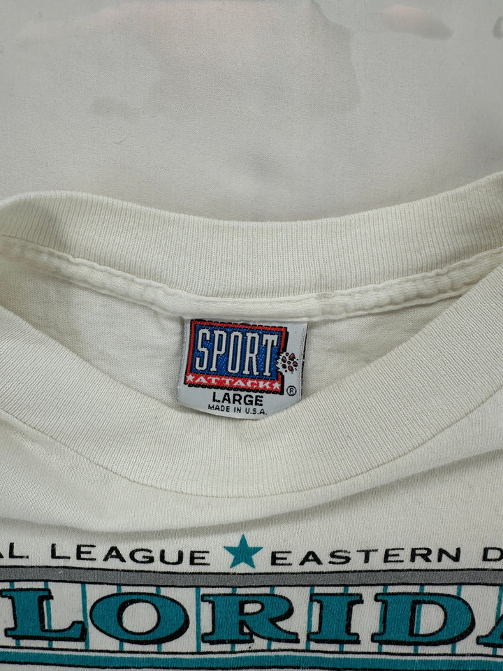 Exile Vintage 1990s Florida Marlins t-shirt featuring a Sport Attack brand tag on a white cotton crew neck collar
