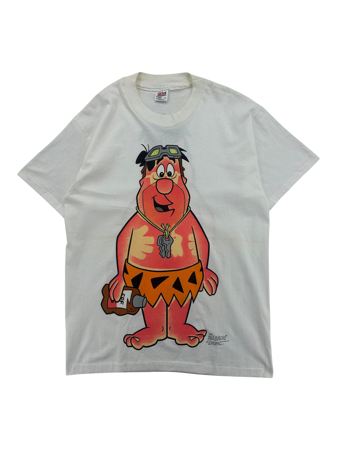 Exile Vintage 1990s white cotton T-shirt featuring a sunburnt Fred Flintstone graphic with sunscreen