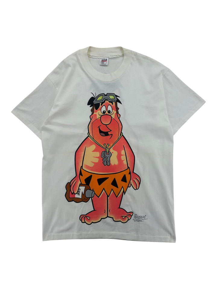 Exile Vintage 1990s white cotton T-shirt featuring a sunburnt Fred Flintstone graphic with sunscreen