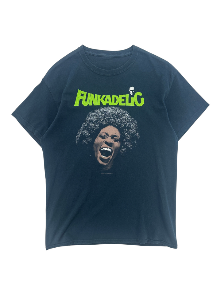 Exile Vintage black 2000s Funkadelic graphic t-shirt with a large afro portrait print and neon green logo