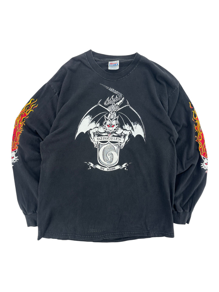 Exile Vintage 1990s black long sleeve t-shirt featuring a Gargoyles New Orleans graphic and flame sleeve prints