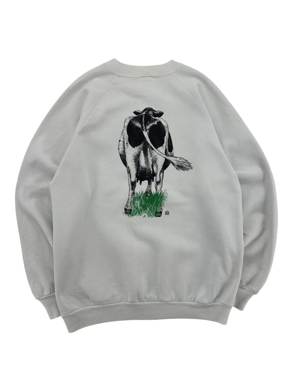 Exile Vintage 1980s grey crewneck sweatshirt featuring a detailed black and white cow illustration on the back