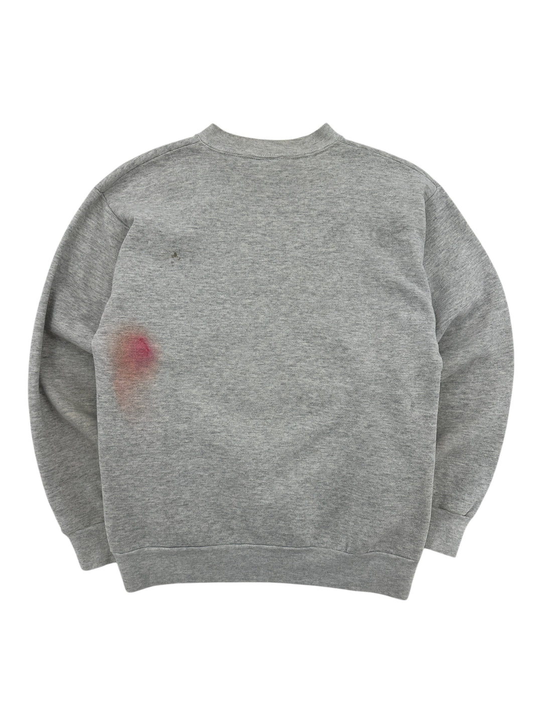 Back view of a grey Exile Vintage Florida Panthers crewneck sweatshirt featuring a noticeable red stain.