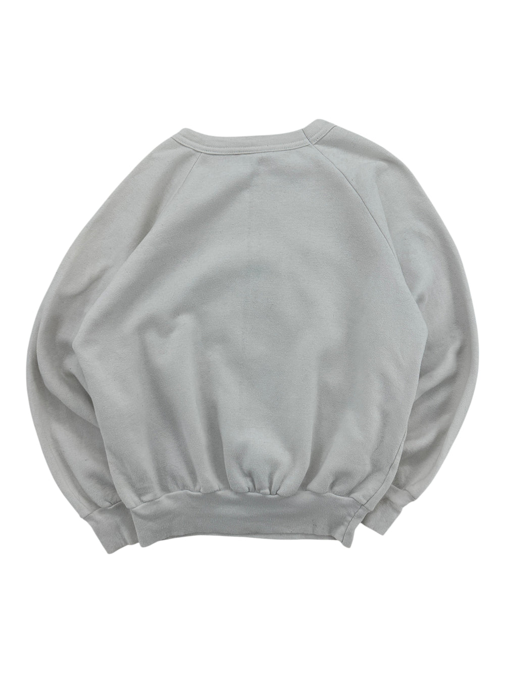 Exile Vintage 1980s Ski Nut crewneck sweatshirt in light grey, back view showing raglan sleeves and ribbed hem.