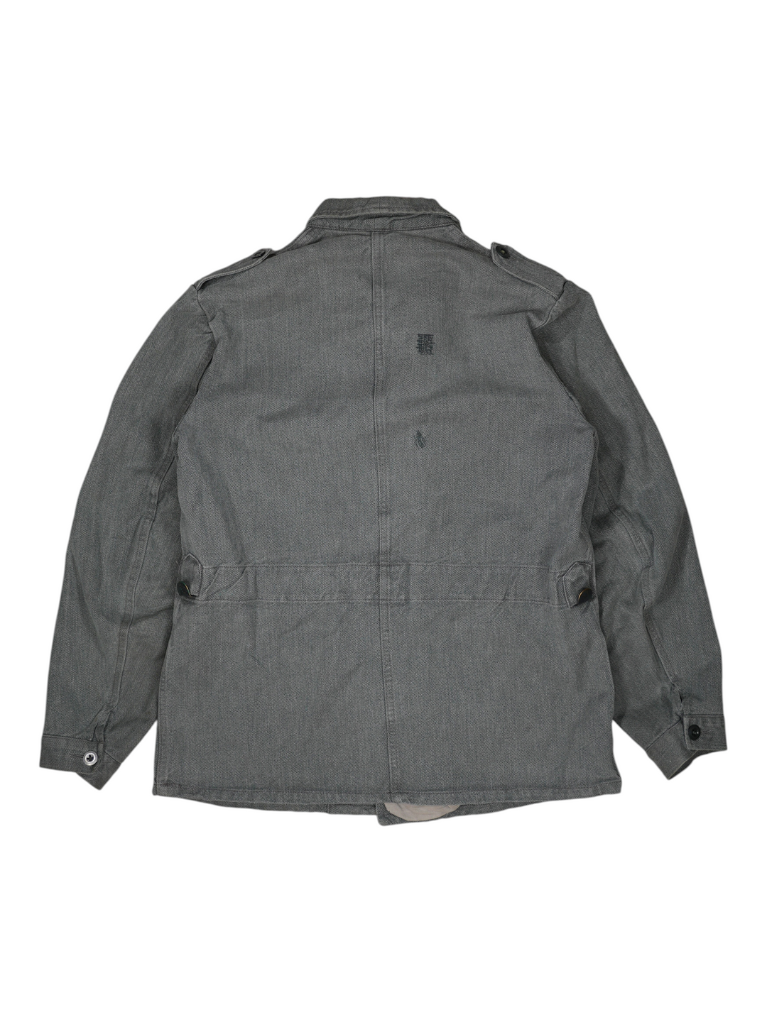 Back view of a grey 1960s Exile Vintage Swiss prison jacket featuring a durable herringbone cotton fabric