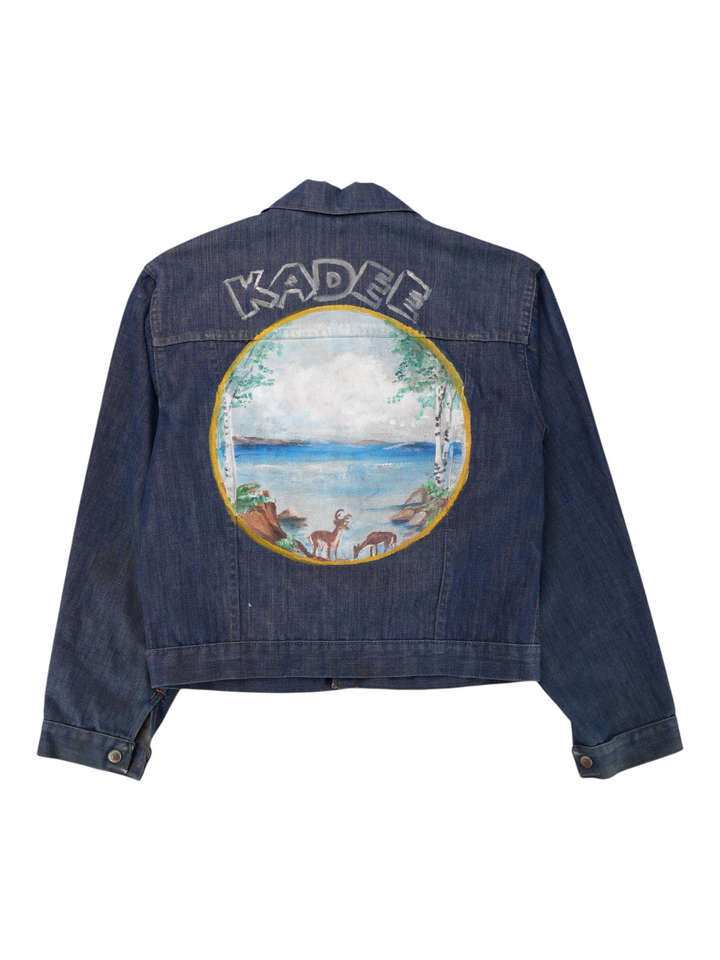 Exile Vintage 1960s J.C. Penny denim jacket featuring a hand-painted lake scene with deer on the back