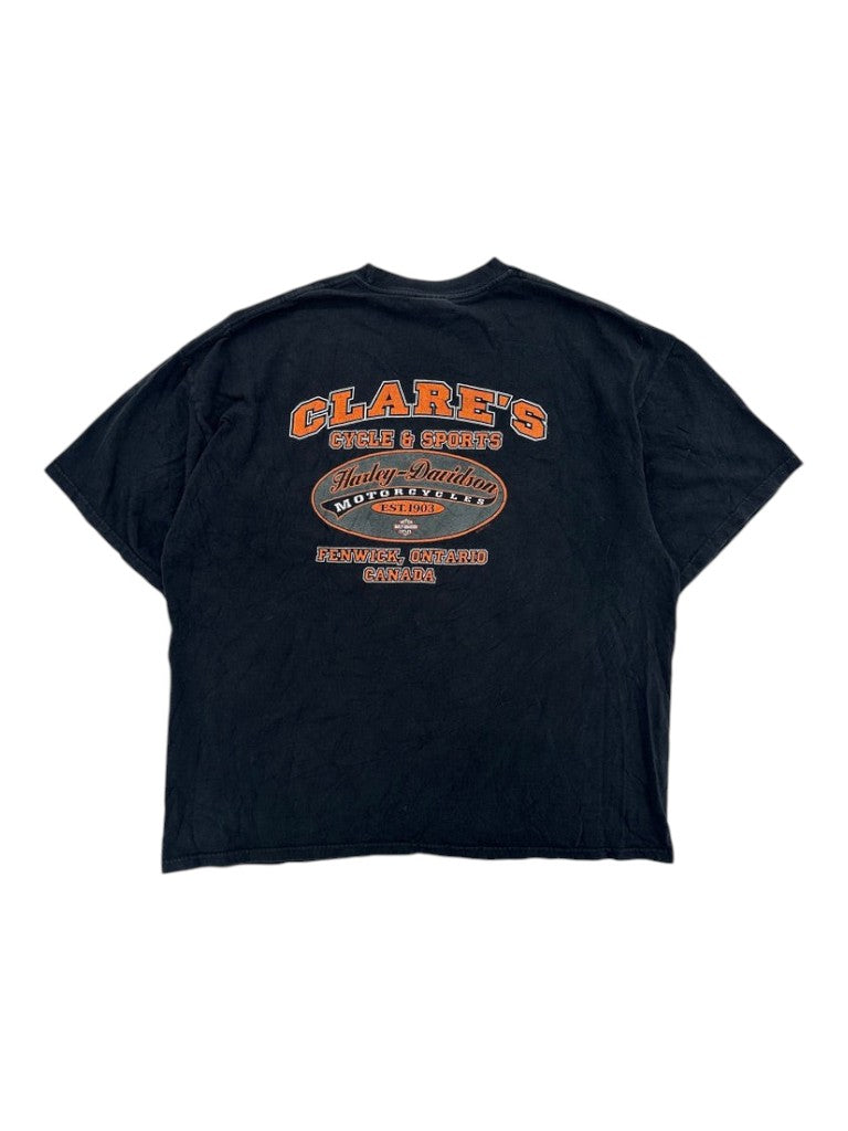 Exile Vintage black 2000s Harley Davidson graphic t-shirt with Clare's Cycle & Sports Fenwick Ontario back print