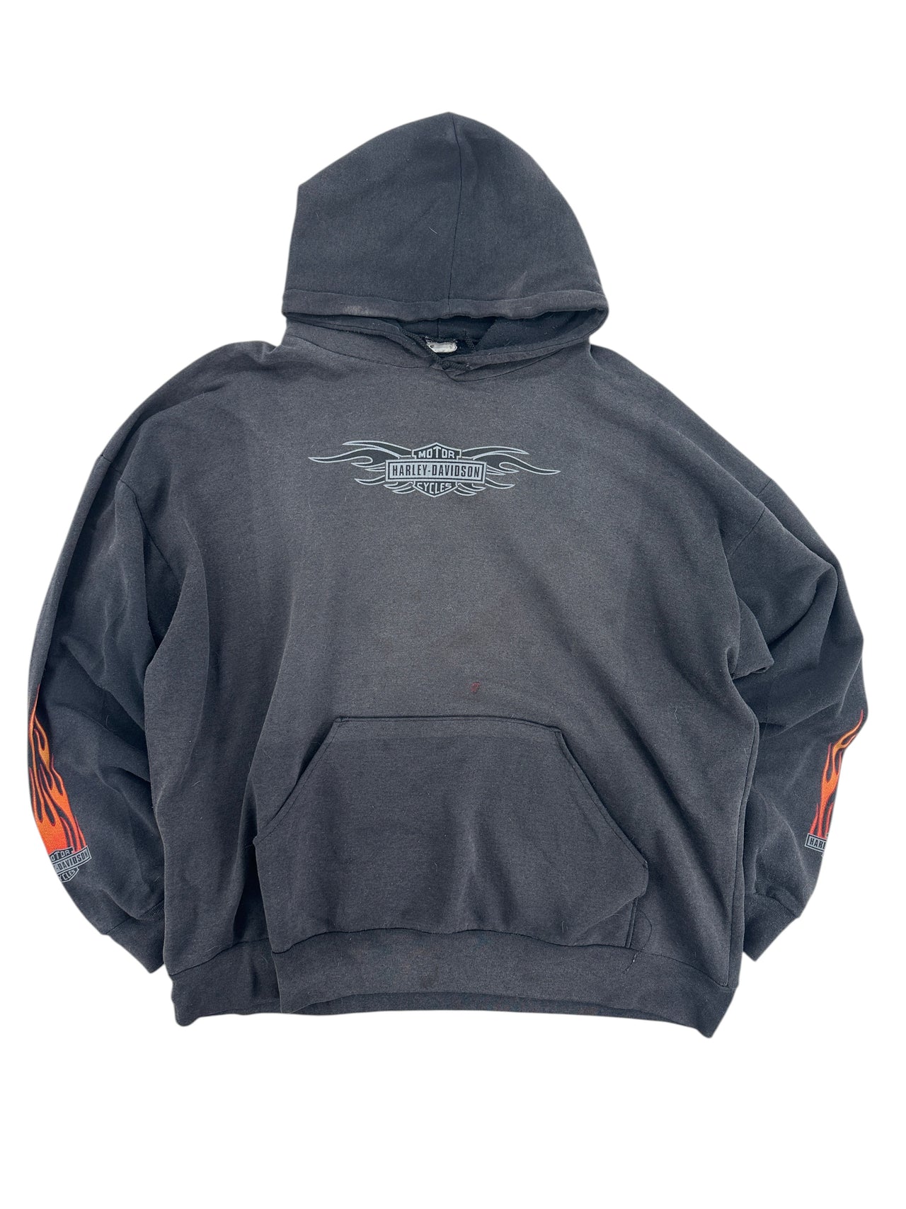 Exile Vintage 2000s grey Harley-Davidson hoodie with flame graphics on sleeves and front logo.
