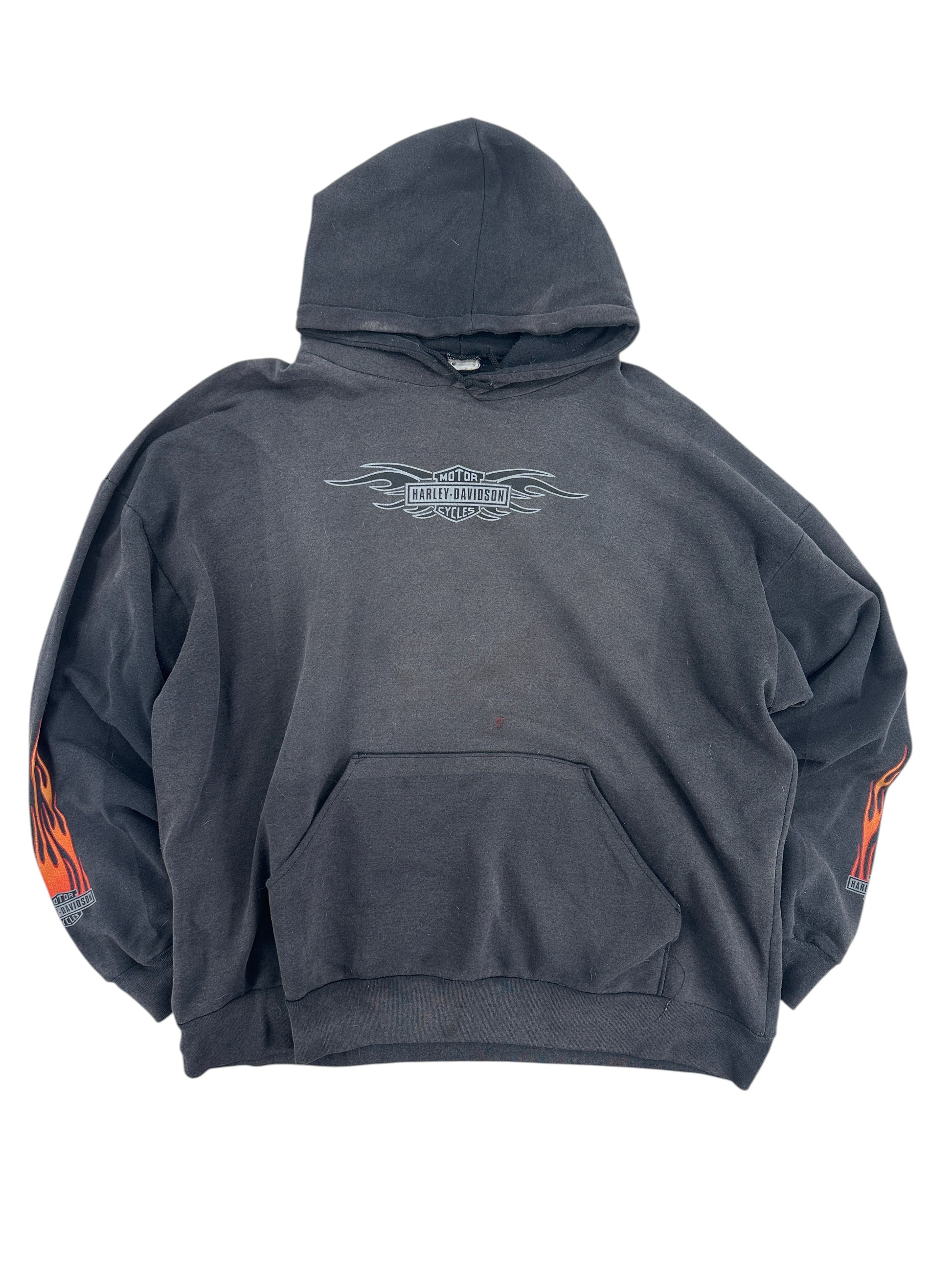 Exile Vintage 2000s grey Harley-Davidson hoodie with flame graphics on sleeves and front logo.