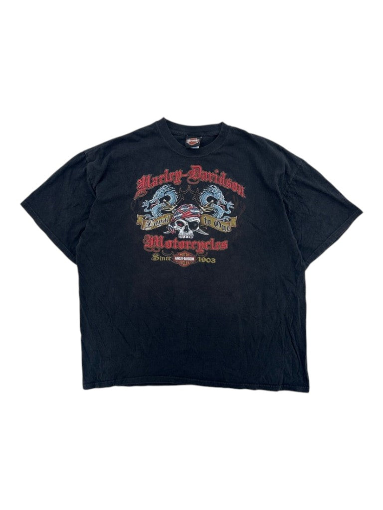 Exile Vintage black 2000s Harley Davidson Loyal To One graphic t-shirt with skull and dragon print in size 2XL