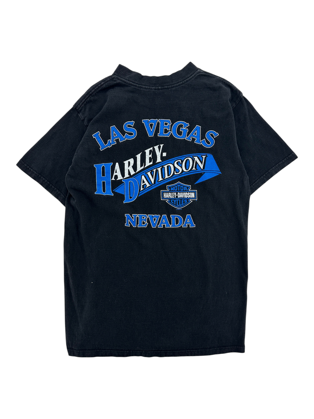 Exile Vintage black 1990s Harley Davidson Las Vegas Nevada graphic t-shirt with blue lettering on the back