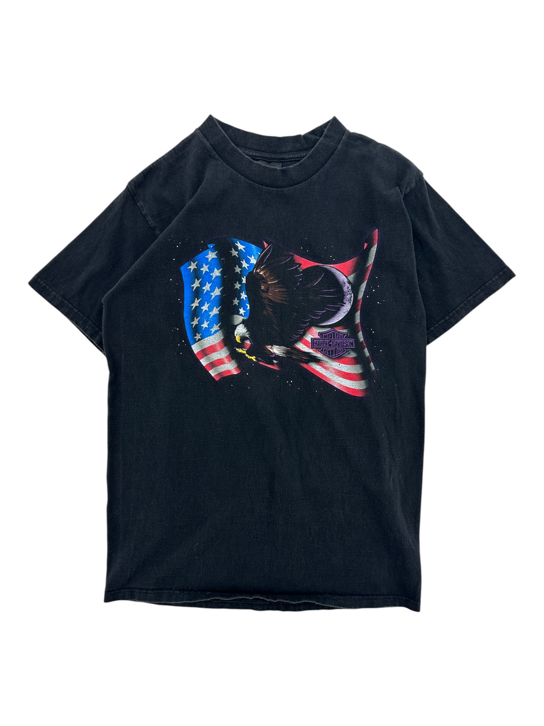 Exile Vintage 1990s black Harley Davidson Las Vegas t-shirt featuring a bald eagle and American flag graphic