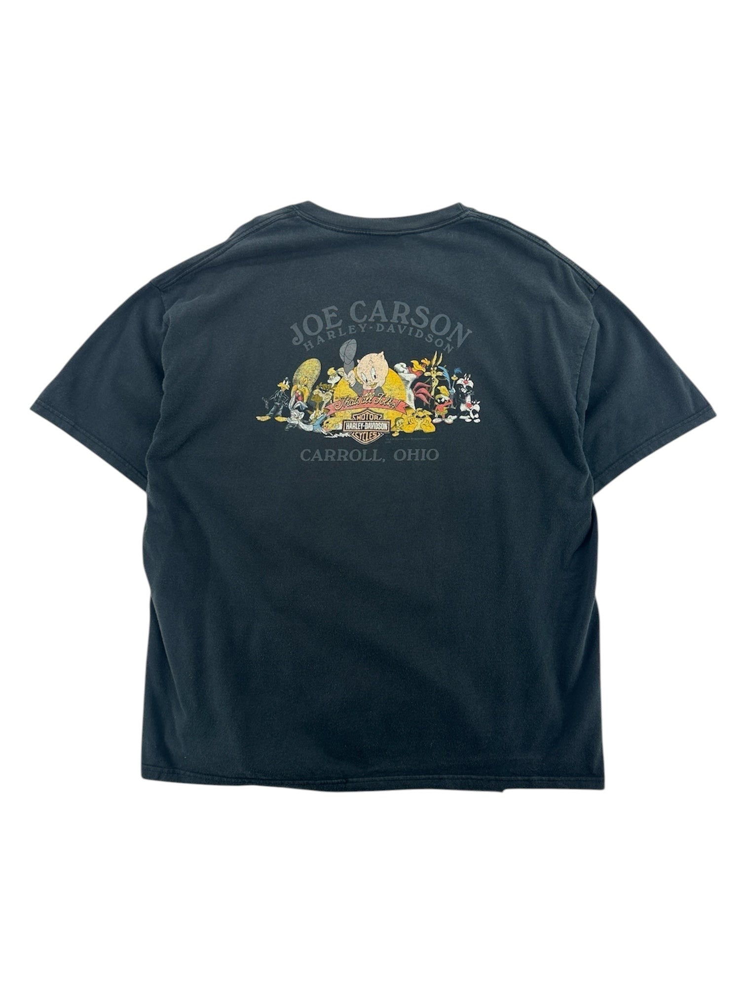 Exile Vintage 1990s black cotton t-shirt with a graphic print featuring Looney Tunes characters and Harley-Davidson logo.