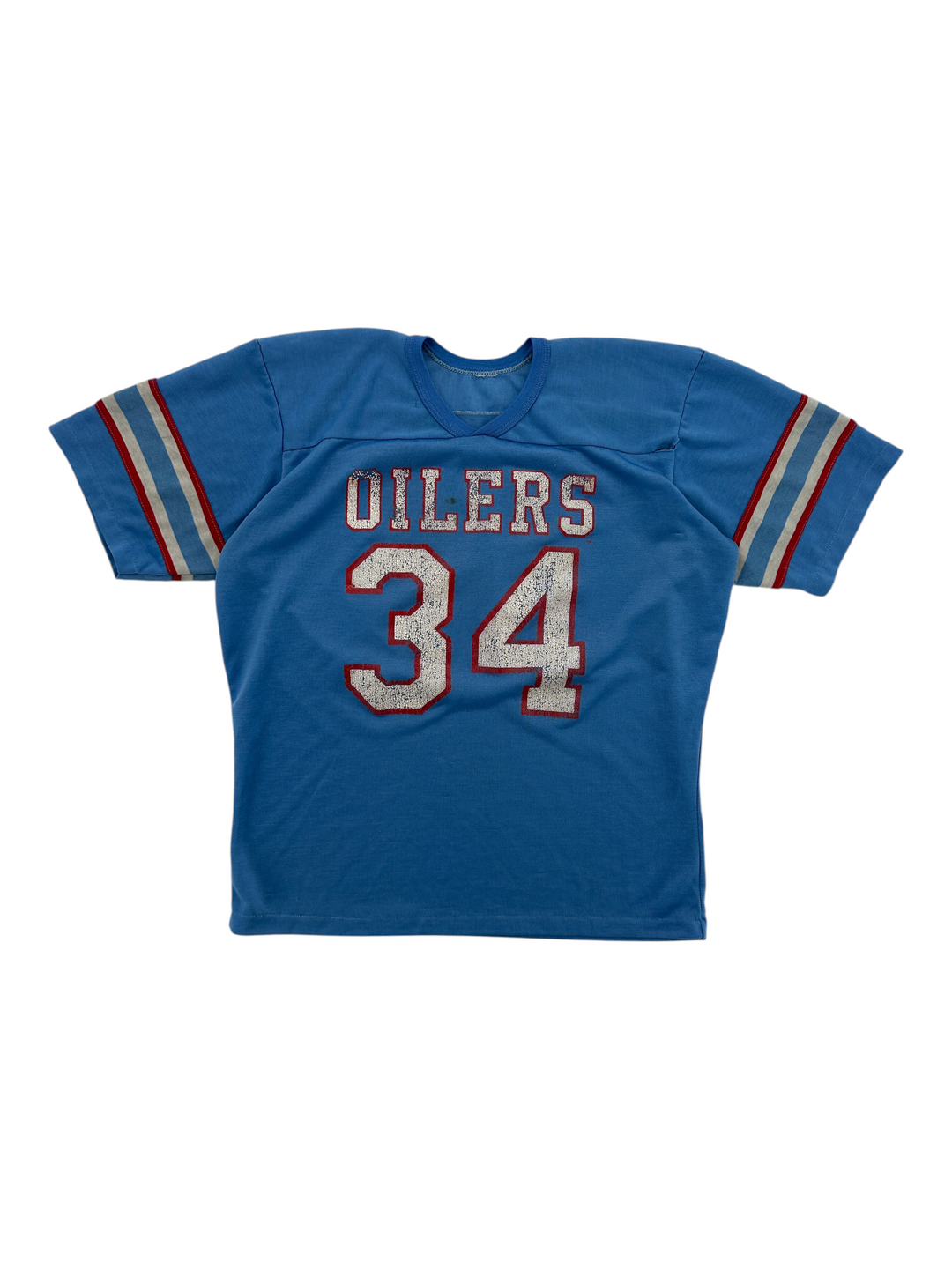 Exile Vintage 1970s Houston Oilers light blue football jersey with number 34 and red and white sleeve stripes