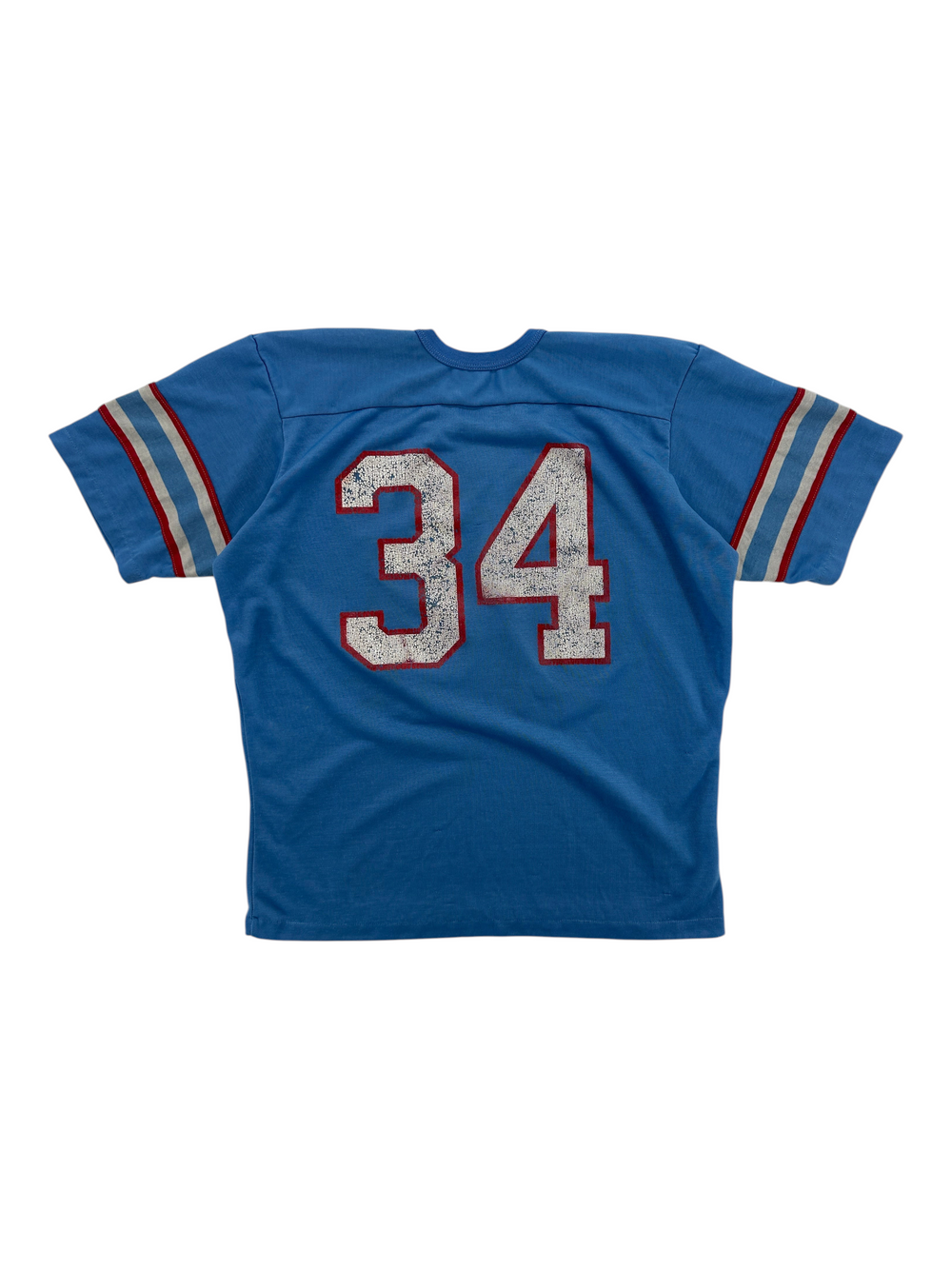Exile Vintage 1970s Houston Oilers blue football jersey with number 34 in white and red distressed print