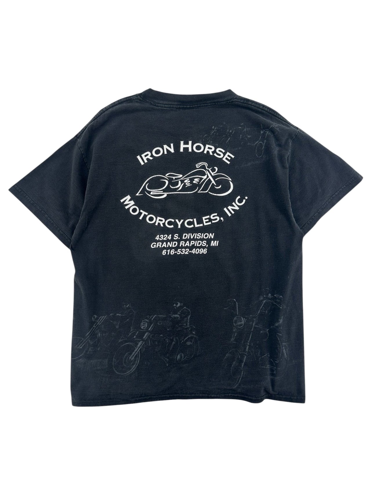 Exile Vintage black cotton t-shirt with a graphic print of a bald eagle with its claws extended over motorcycles. Size L.