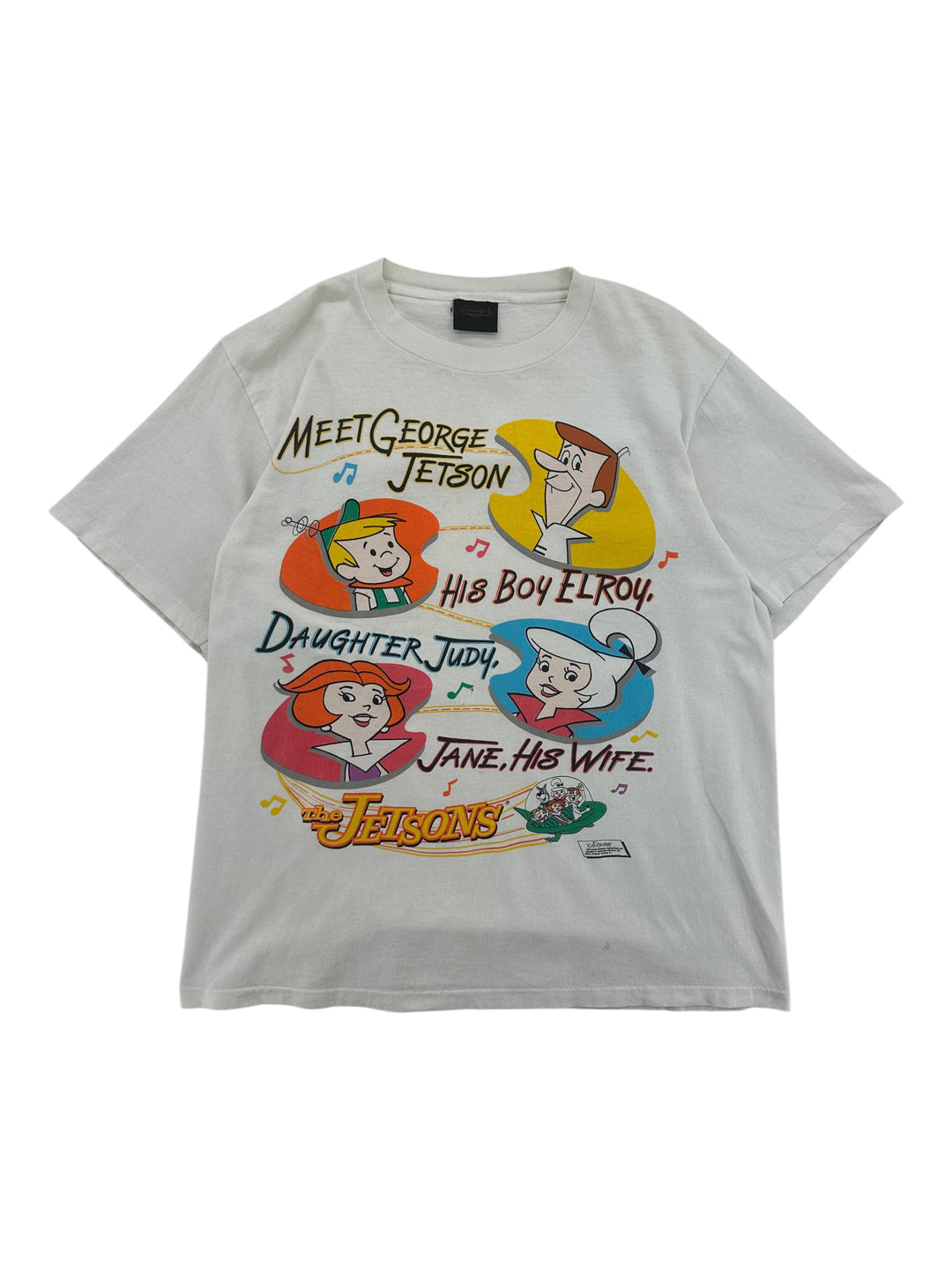 Exile Vintage white 1990s The Jetsons graphic T-shirt featuring George, Jane, Elroy, and Judy Jetson characters.