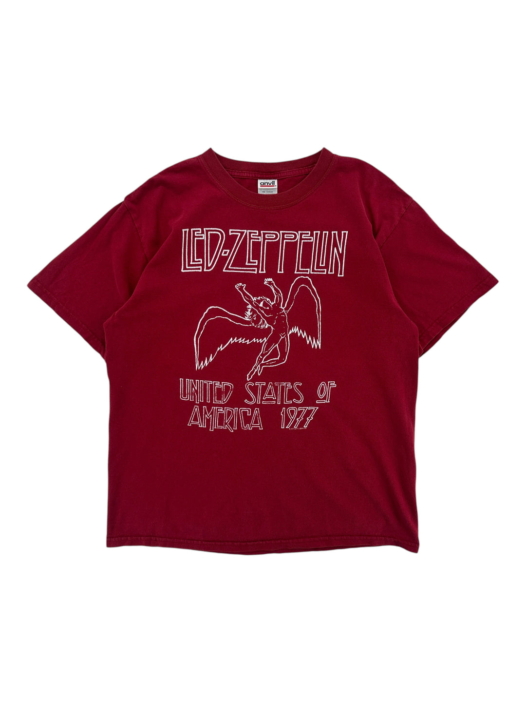 Exile Vintage 2003 Led Zeppelin Icarus graphic t-shirt in maroon with white screen-printed band logo and artwork