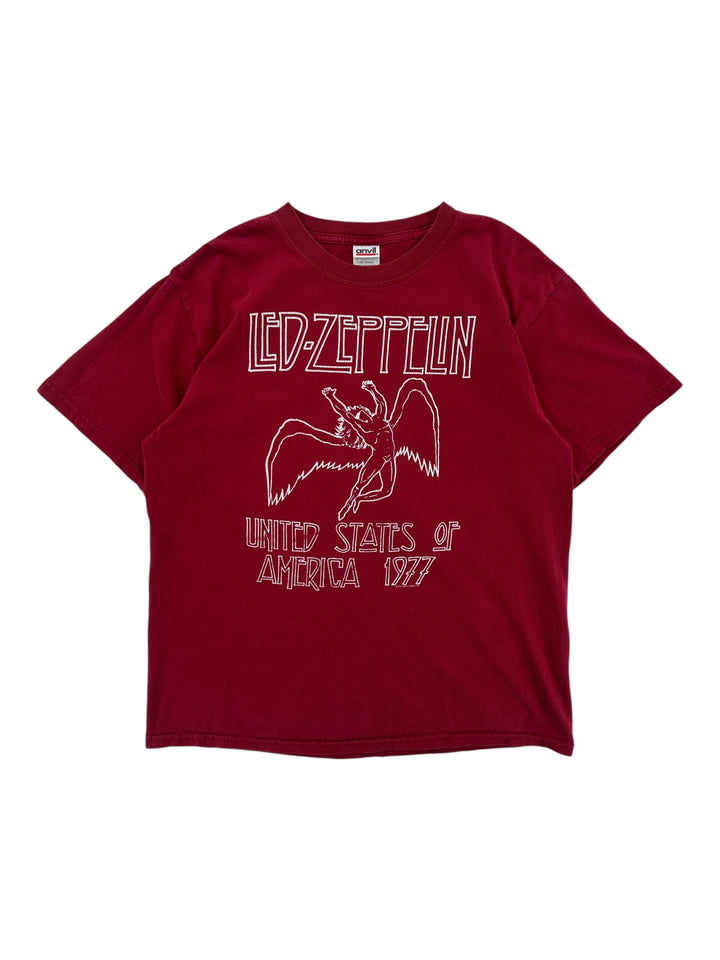 Exile Vintage 2003 Led Zeppelin Icarus graphic t-shirt in maroon with white screen-printed band logo and artwork