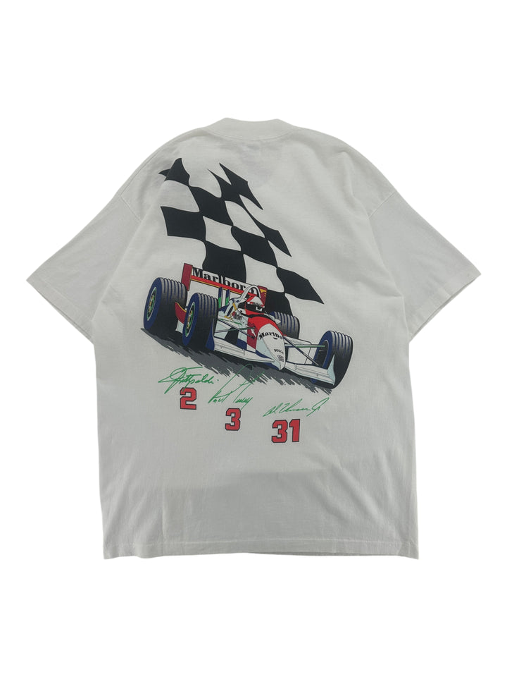 Exile Vintage white 1994 Marlboro Cleveland racing t-shirt with a large checkered flag and race car graphic on back