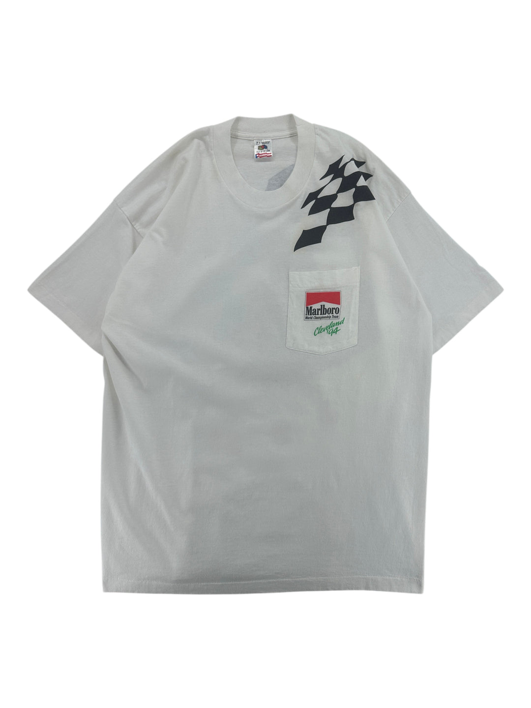Exile Vintage 1994 Marlboro Cleveland 94 racing t-shirt in white with checkered flag graphic and chest pocket