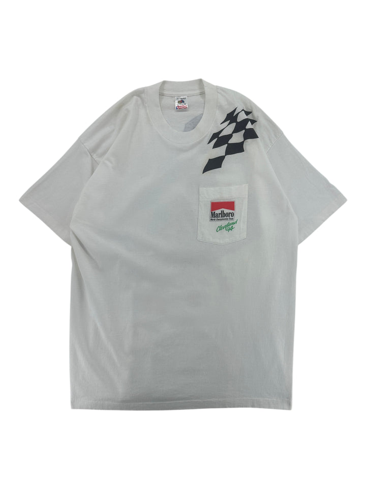 Exile Vintage 1994 Marlboro Cleveland 94 racing t-shirt in white with checkered flag graphic and chest pocket