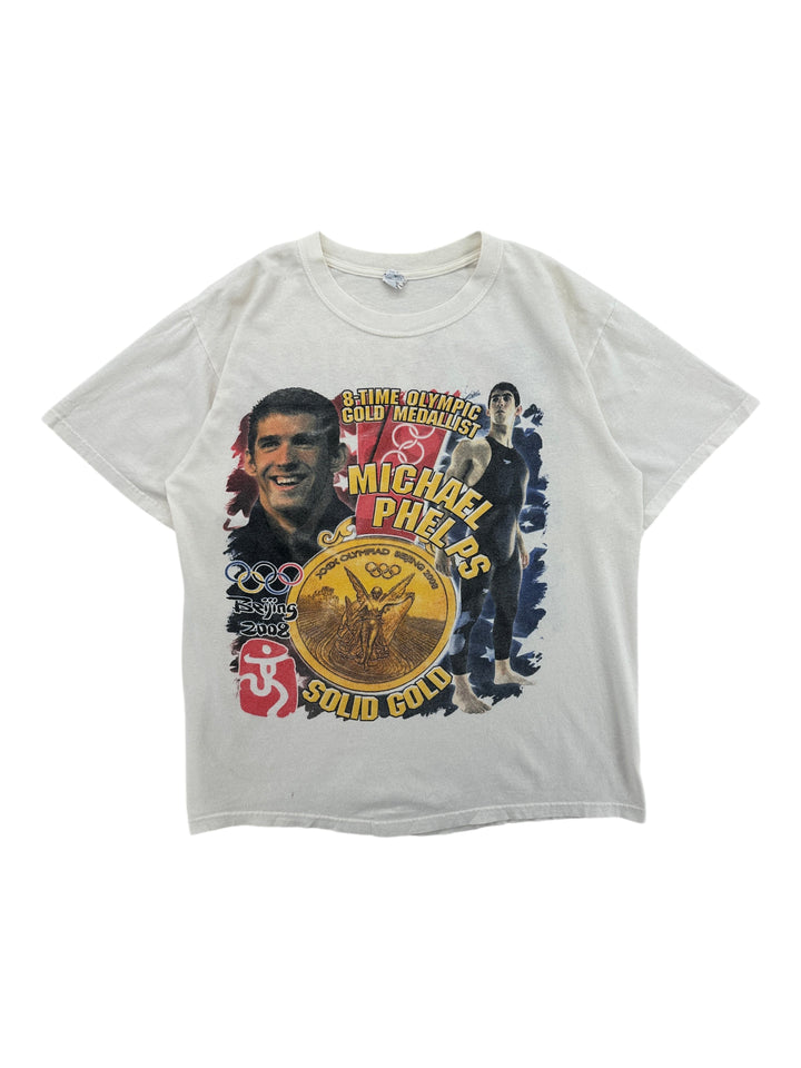Exile Vintage white 2008 Michael Phelps Beijing Olympic graphic t-shirt with gold medal and swimmer imagery
