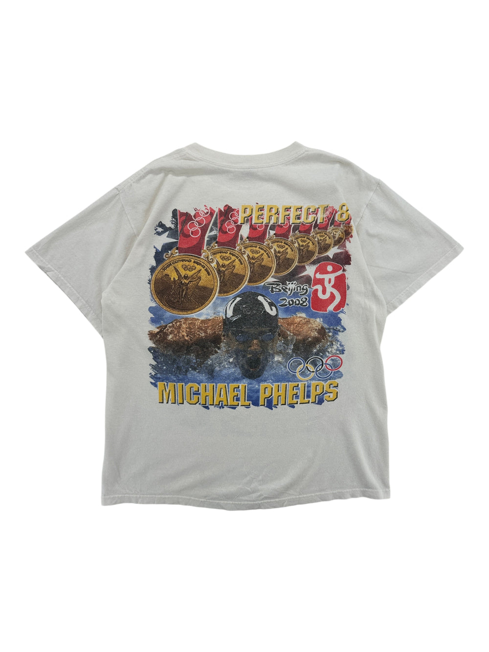 Exile Vintage white 2008 Michael Phelps Beijing Olympic graphic t-shirt featuring eight gold medals and swimmer