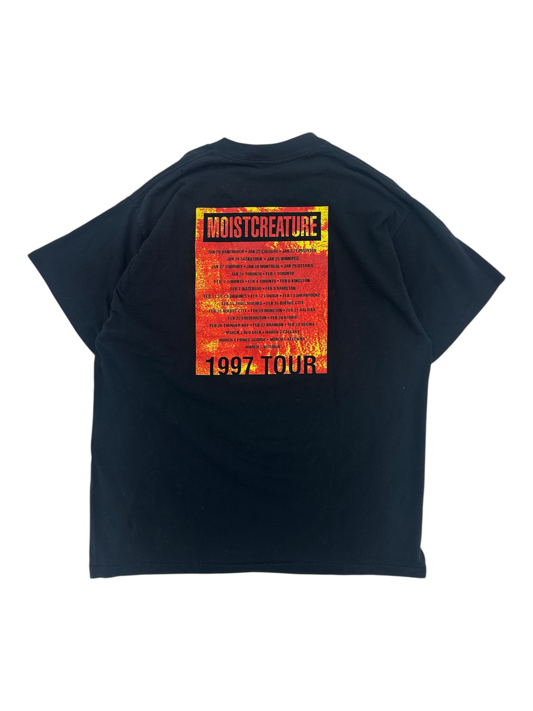 Exile Vintage black 1990s Moist Creature tour t-shirt with orange and yellow graphic print on the back