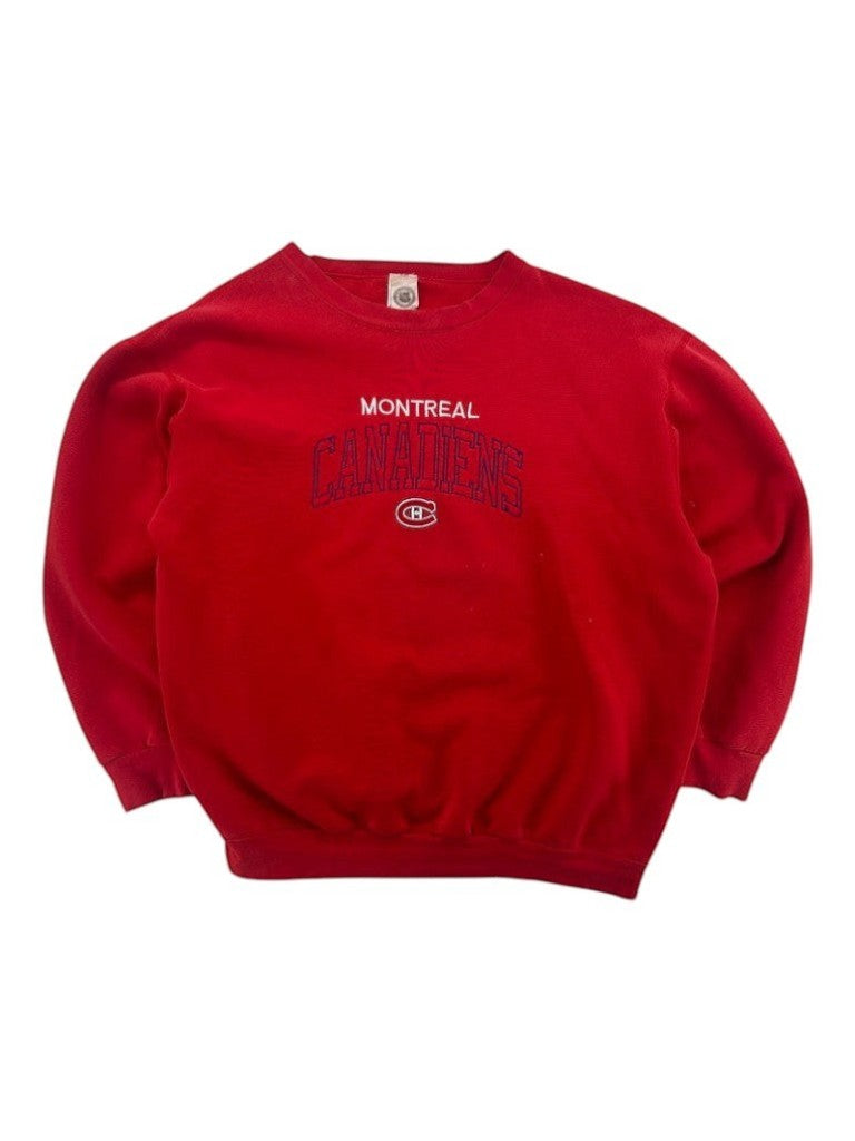 Exile Vintage red 1990s Montreal Canadiens crewneck sweatshirt with embroidered team logo and lettering.