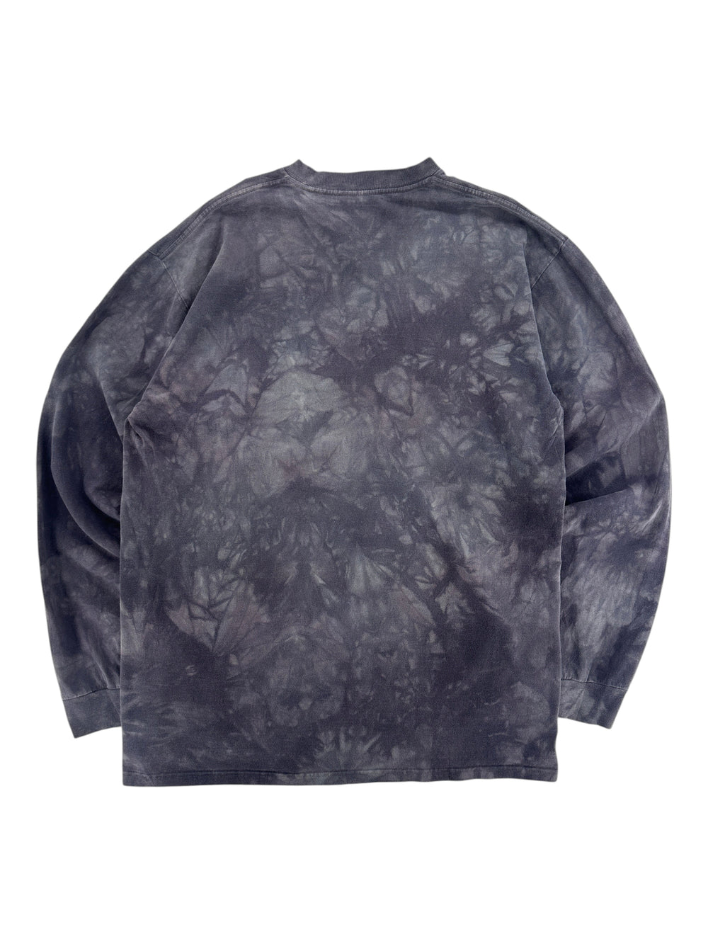 Exile Vintage 2000s Mountain Tag long sleeve shirt in a dark grey and black tie-dye wash, back view.