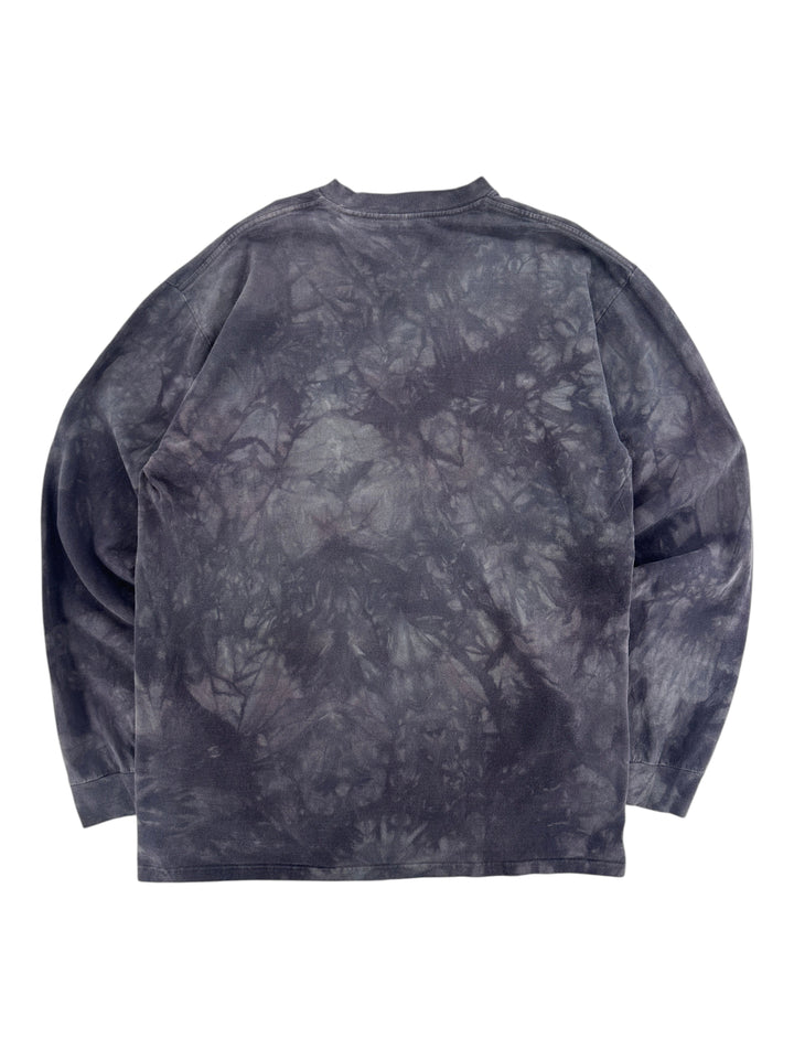 Exile Vintage 2000s Mountain Tag long sleeve shirt in a dark grey and black tie-dye wash, back view.