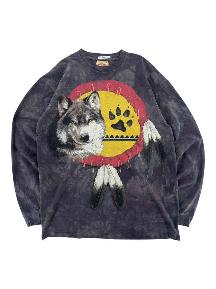 Exile Vintage 2000s The Mountain long sleeve t-shirt featuring a wolf, paw print, and feathers in a tie-dye wash.