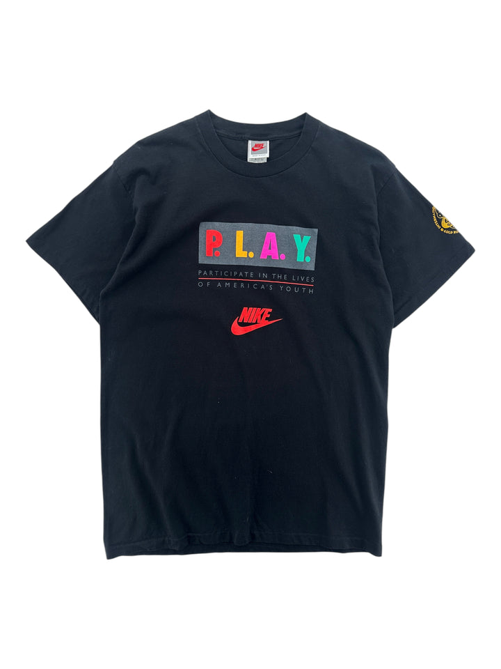 Exile Vintage 1990s black Nike P.L.A.Y graphic t-shirt with colorful lettering and red logo, size XL