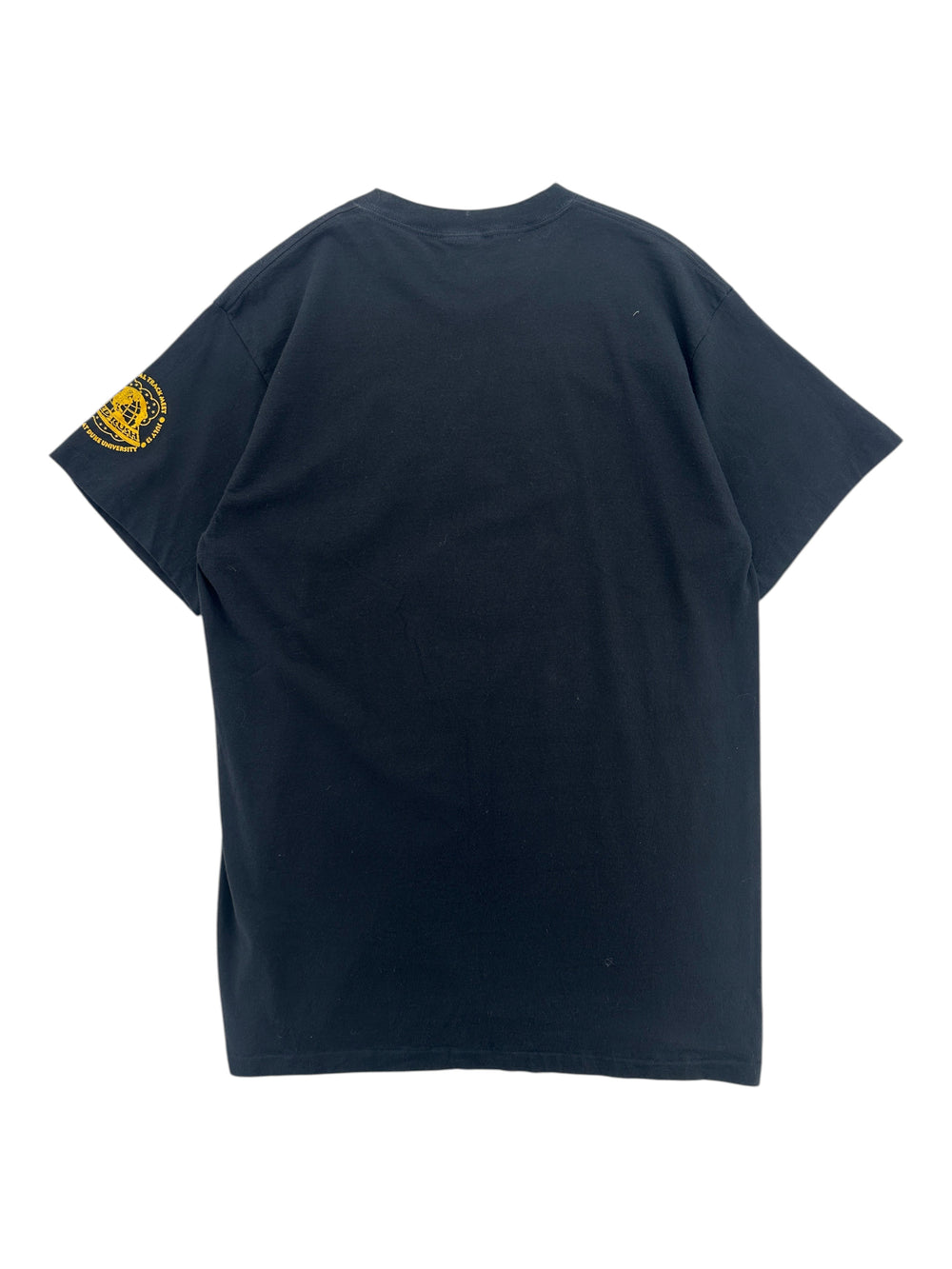 Back view of a vintage black 1990s Nike P.L.A.Y T-shirt from Exile Vintage with a small logo on the sleeve.