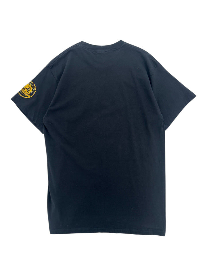 Back view of a vintage black 1990s Nike P.L.A.Y T-shirt from Exile Vintage with a small logo on the sleeve.