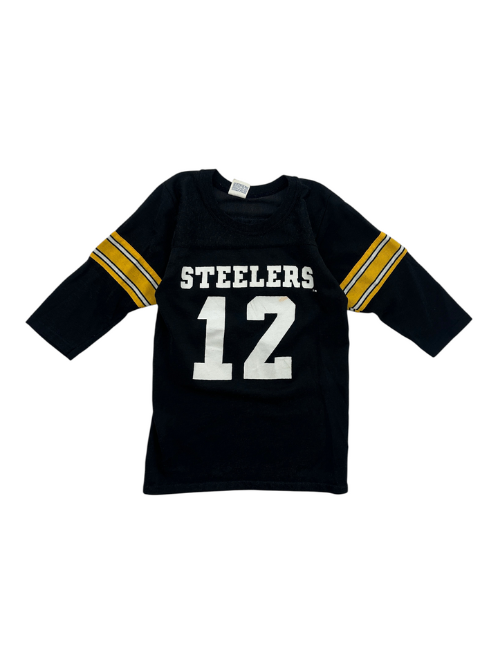 Exile Vintage 1980s Pittsburgh Steelers jersey in black with yellow and white striped sleeves and number 12 print