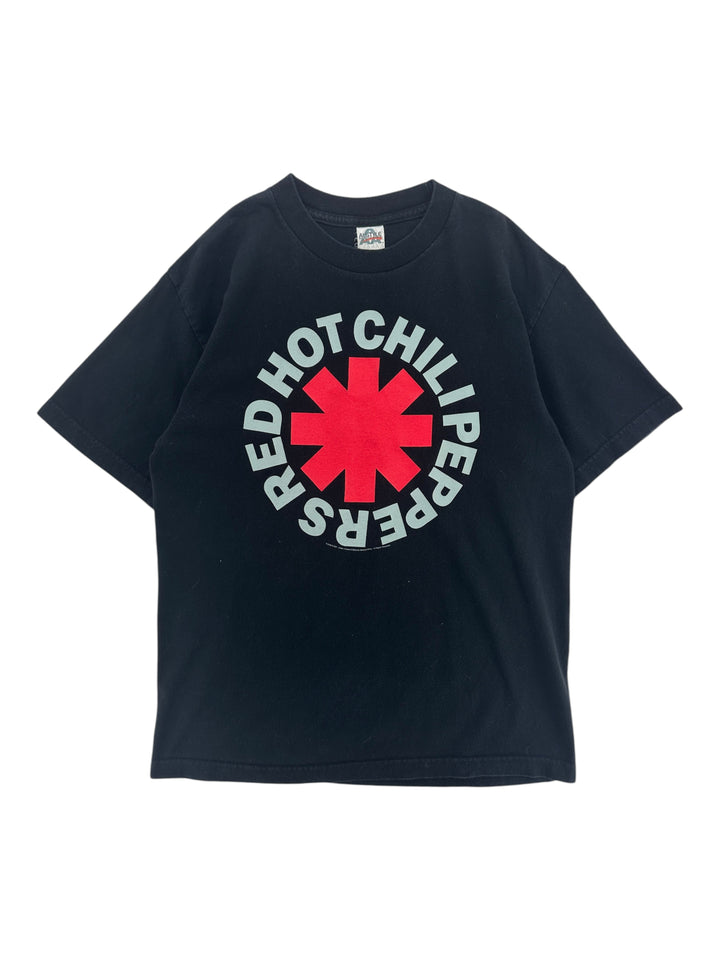 Exile Vintage black 2000s Red Hot Chili Peppers graphic t-shirt with a red asterisk logo in a circular text design.