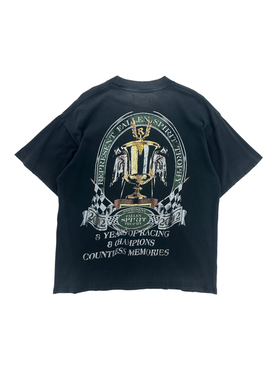 Exile Vintage Represent Clo. black Fallen Spirit graphic t-shirt with racing trophy print on the back