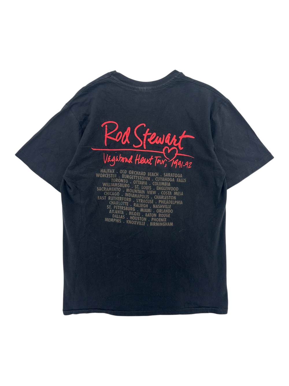 Exile Vintage black 1990s Rod Stewart Vagabond Heart tour t-shirt with red graphic and tour dates on the back