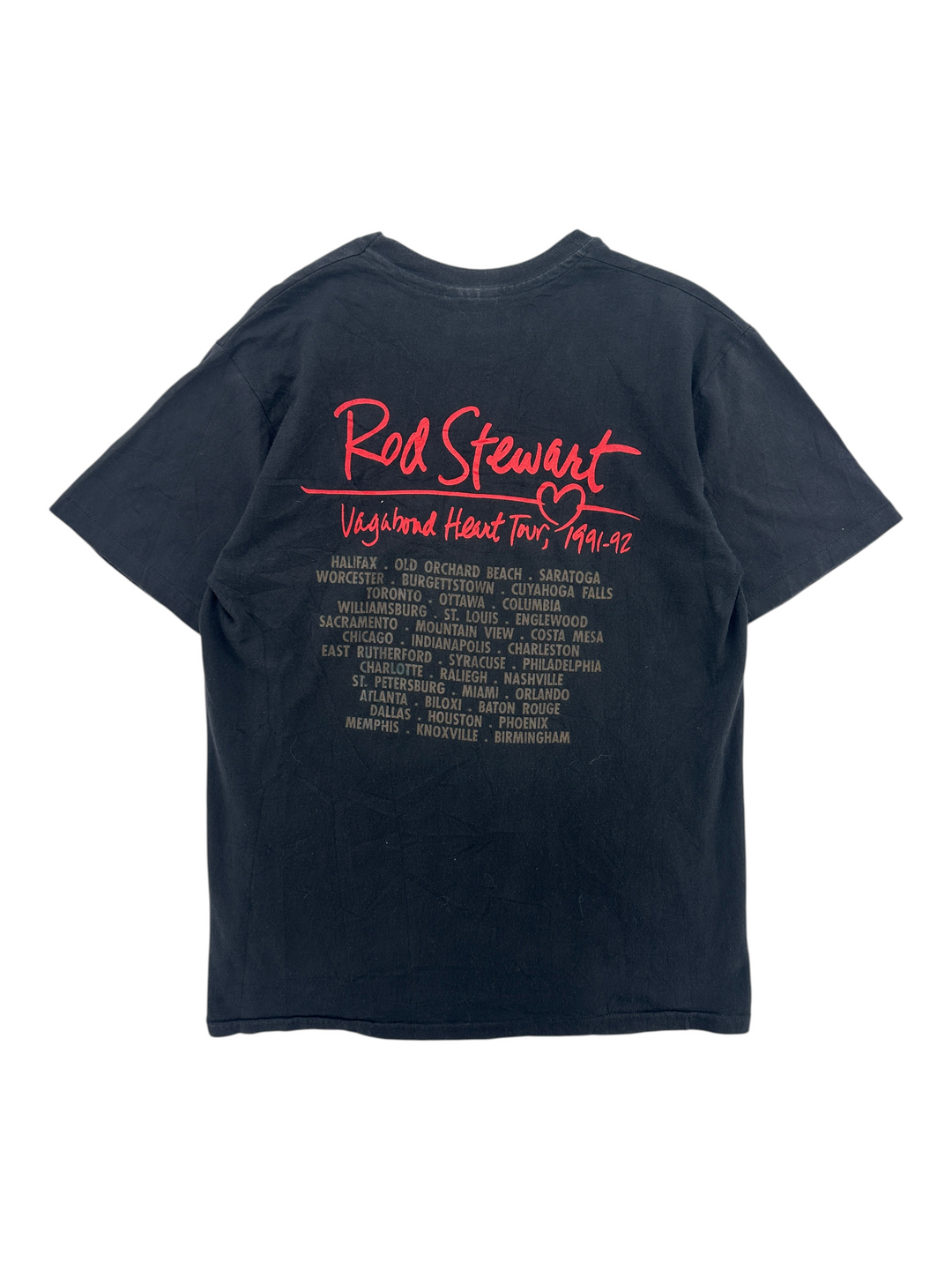 Exile Vintage black 1990s Rod Stewart Vagabond Heart tour t-shirt with red graphic and tour dates on the back