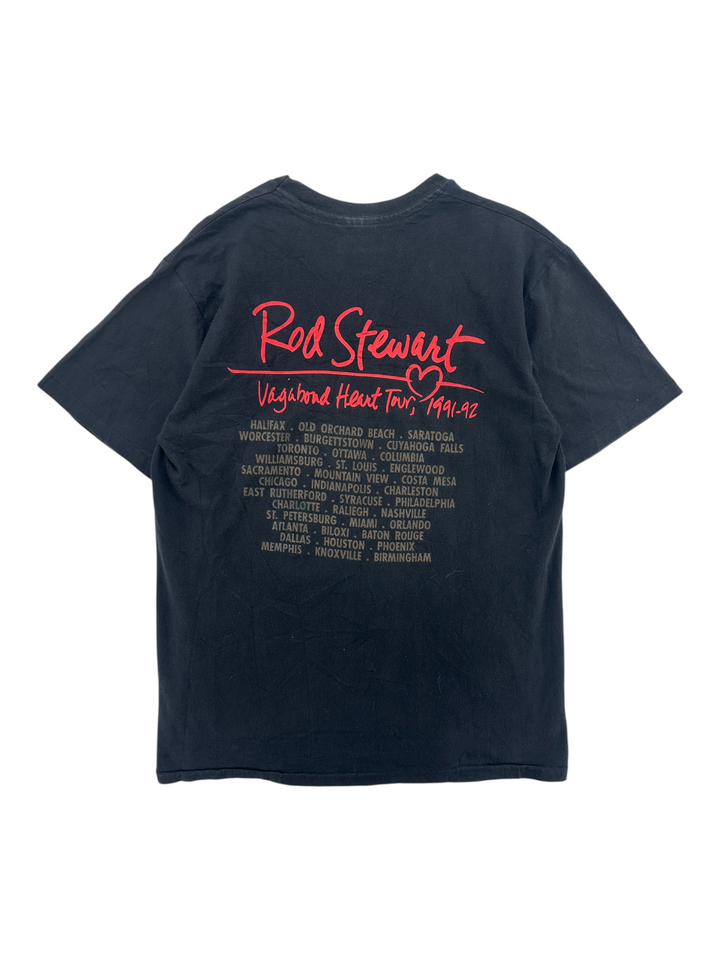 Exile Vintage black 1990s Rod Stewart Vagabond Heart tour t-shirt with red graphic and tour dates on the back