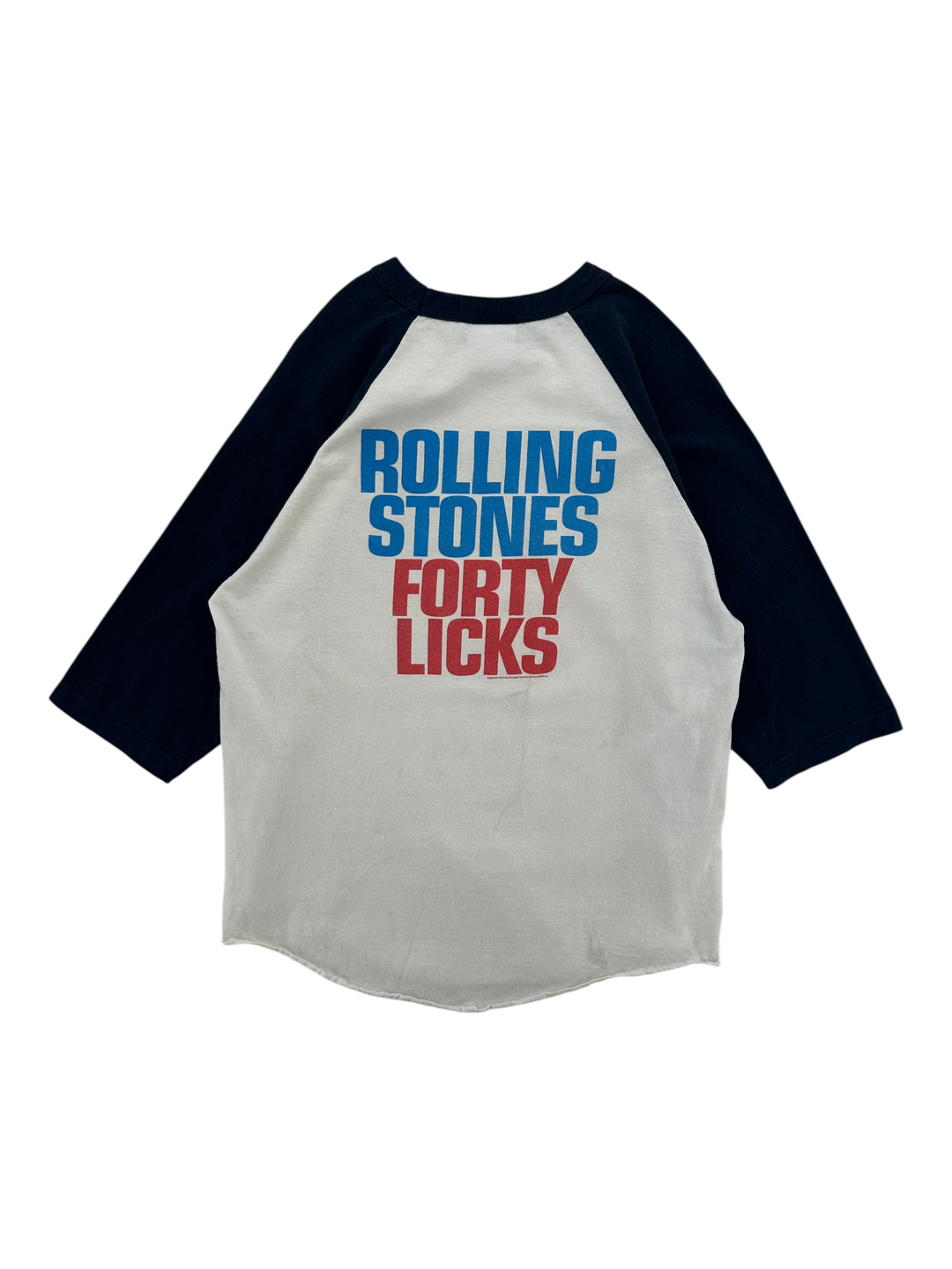 Exile Vintage 2000s The Rolling Stones Forty Licks raglan t-shirt with white body and black three-quarter sleeves.