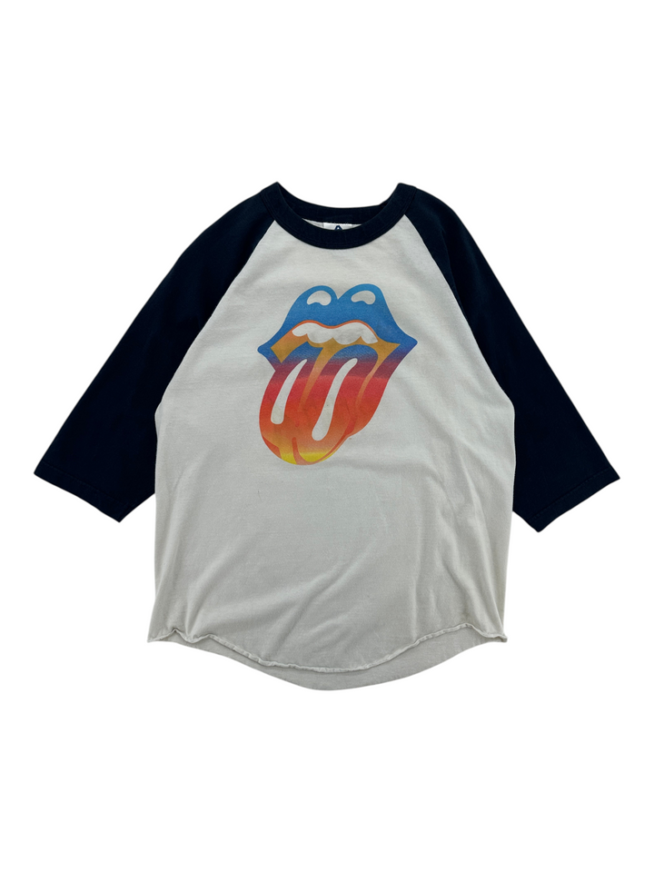 Exile Vintage 2000s Rolling Stones raglan t-shirt with a white body, black sleeves, and a colourful tongue graphic.