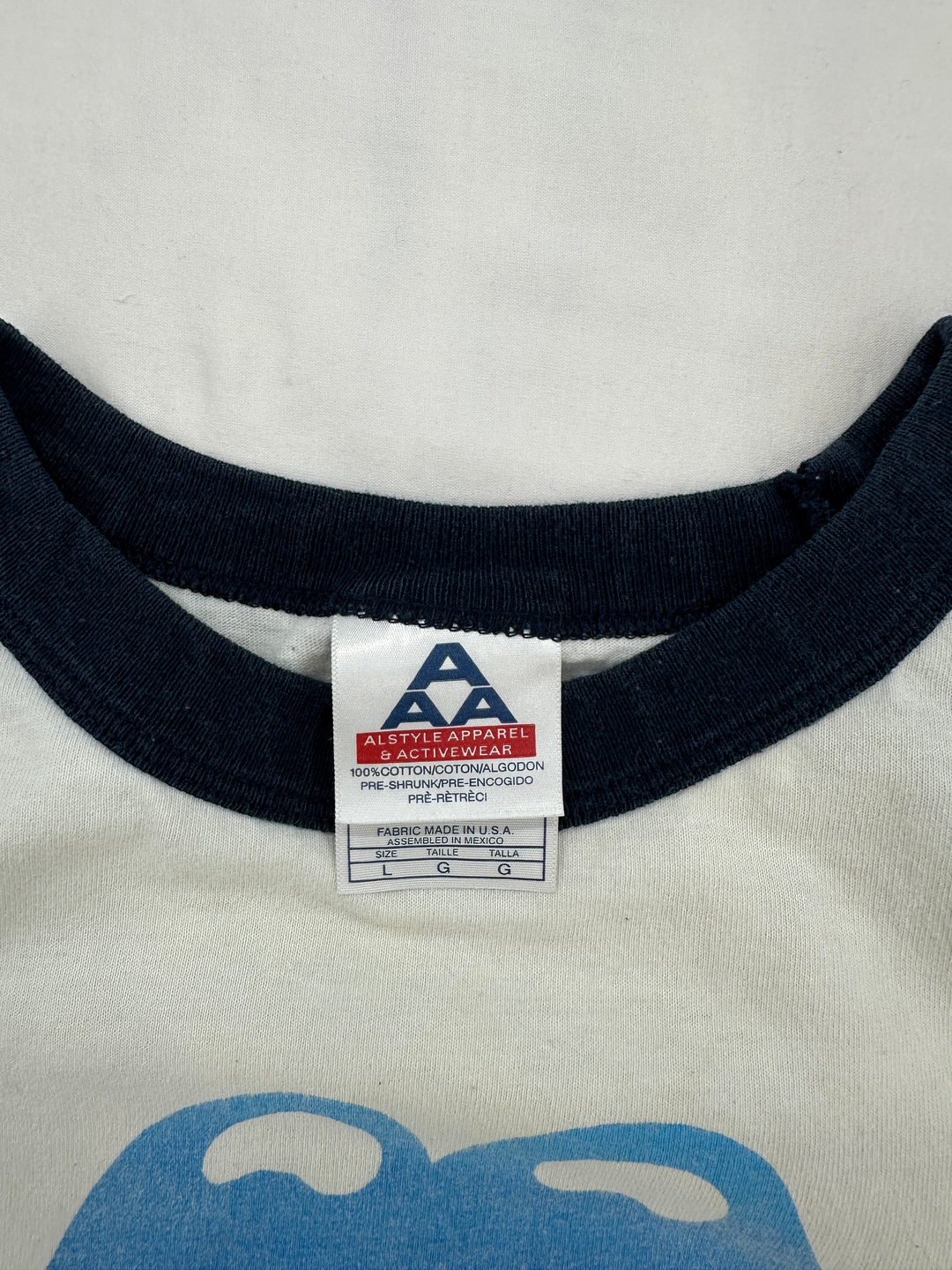 Exile Vintage 2000s The Rolling Stones raglan t-shirt collar tag showing Alstyle Apparel size L label