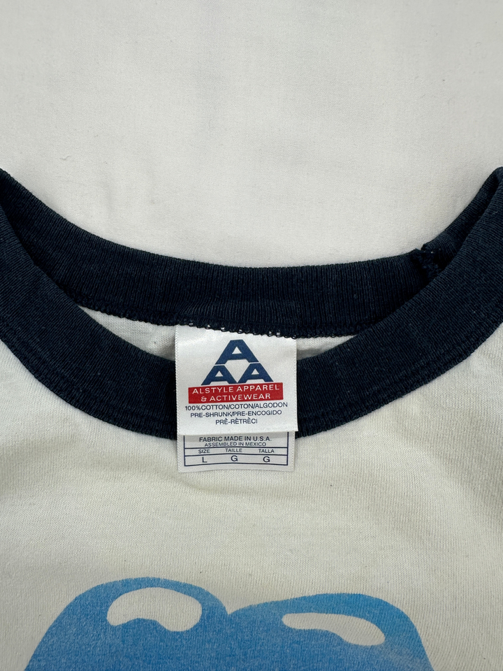 Exile Vintage 2000s The Rolling Stones raglan t-shirt collar tag showing Alstyle Apparel size L label
